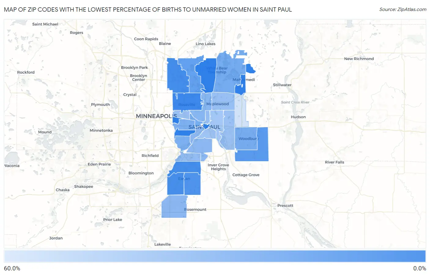 Zip Codes with the Lowest Percentage of Births to Unmarried Women in Saint Paul Map