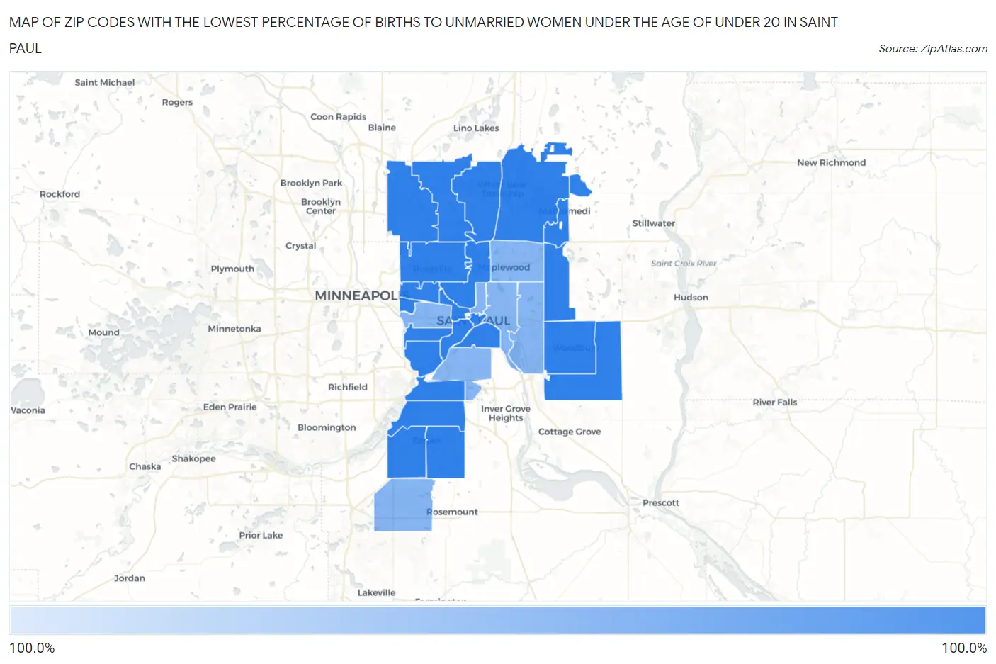 Zip Codes with the Lowest Percentage of Births to Unmarried Women under the Age of under 20 in Saint Paul Map