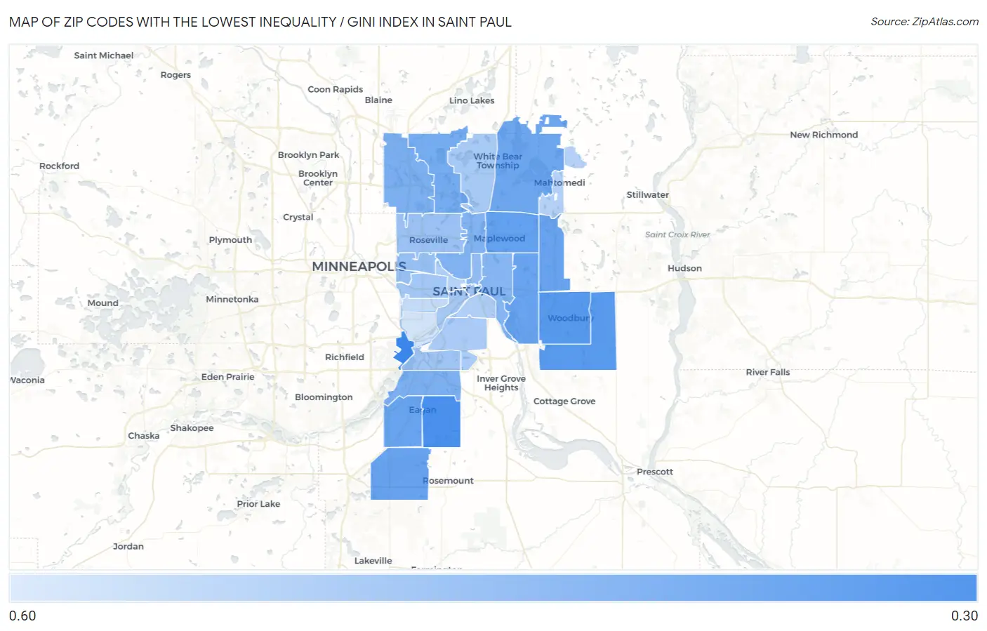 Zip Codes with the Lowest Inequality / Gini Index in Saint Paul Map