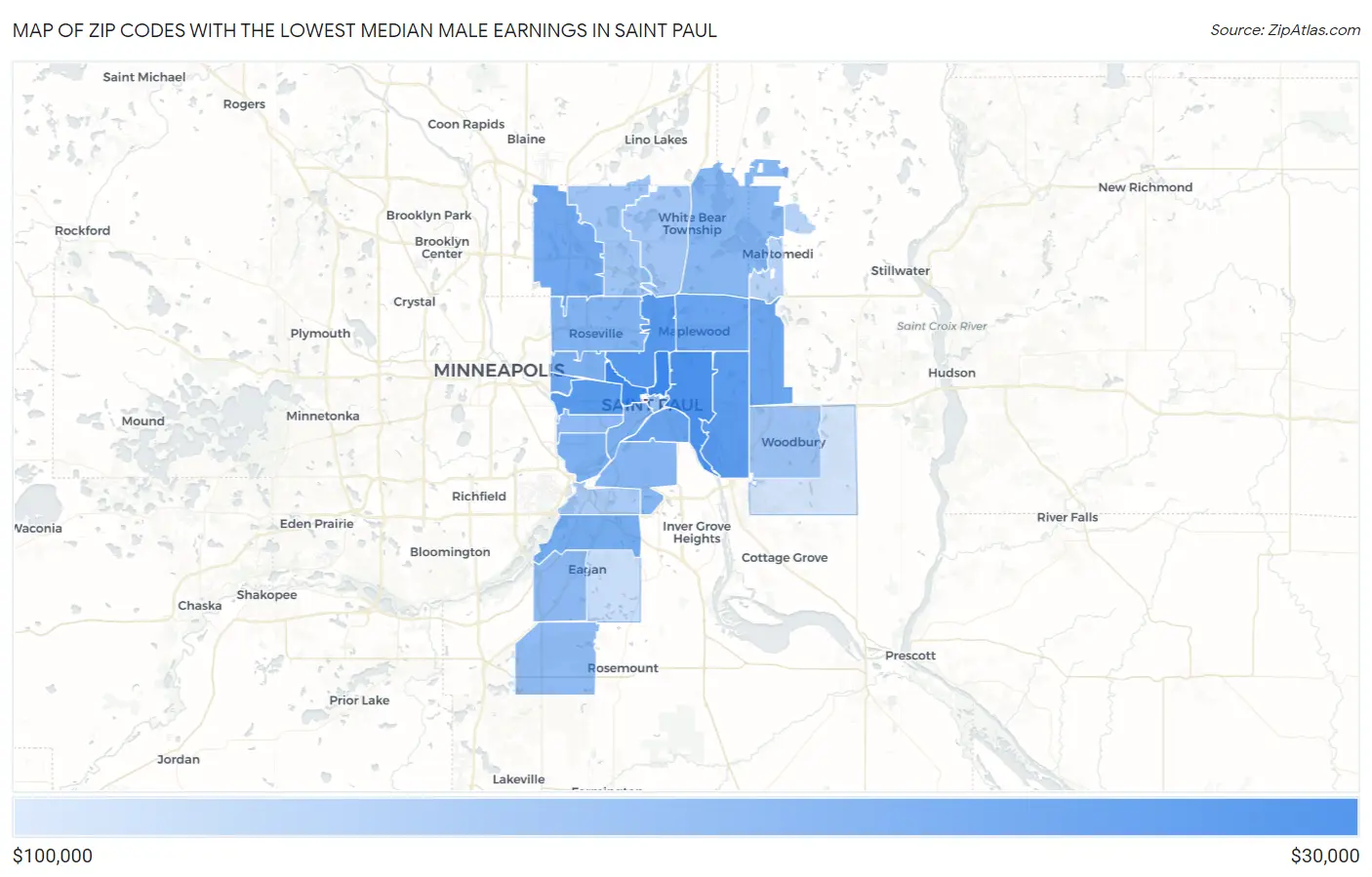 Zip Codes with the Lowest Median Male Earnings in Saint Paul Map