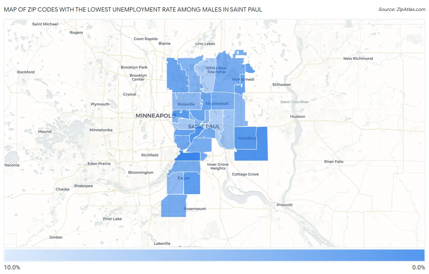 Zip Codes with the Lowest Unemployment Rate Among Males in Saint Paul Map