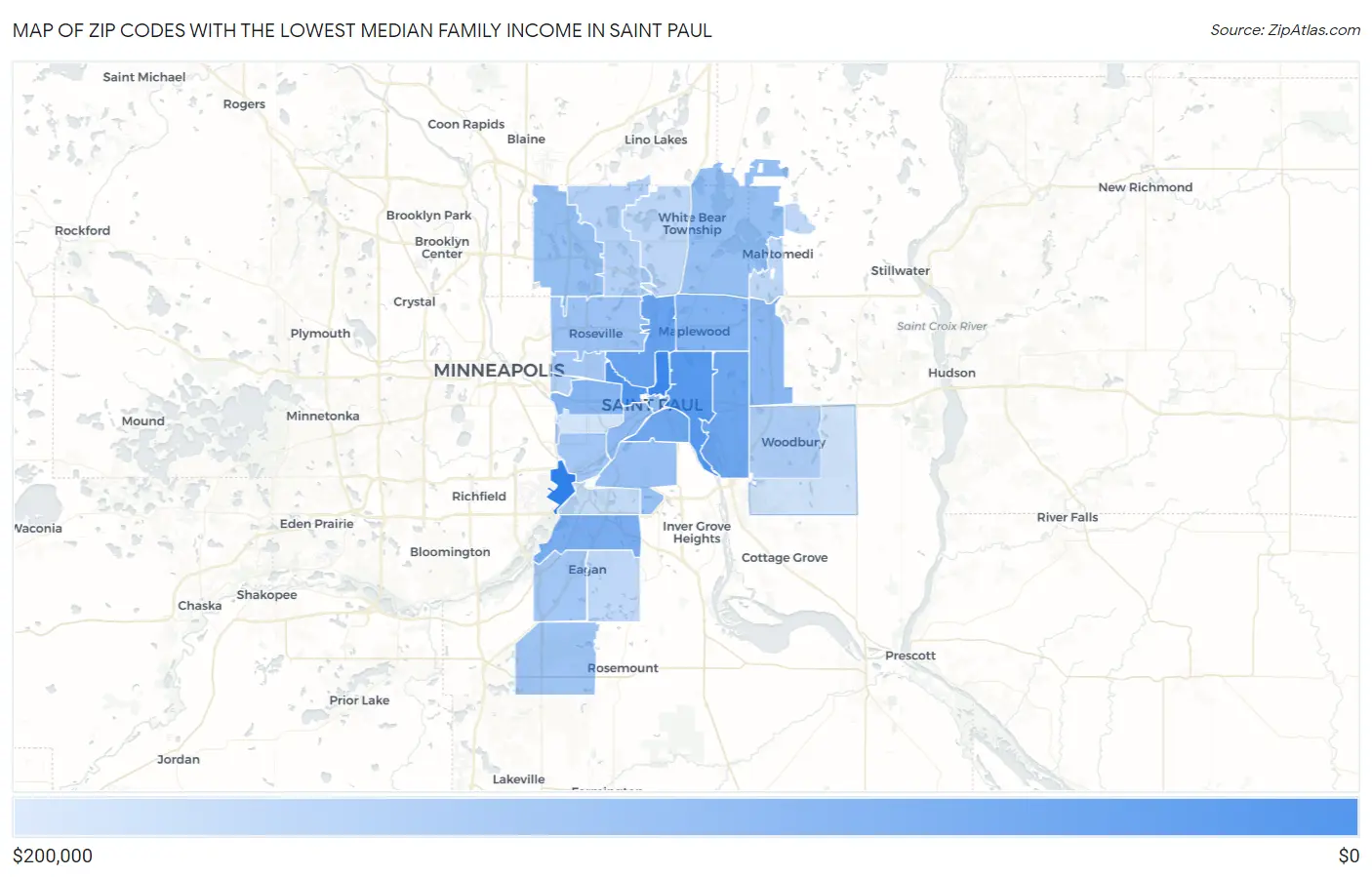 Zip Codes with the Lowest Median Family Income in Saint Paul Map
