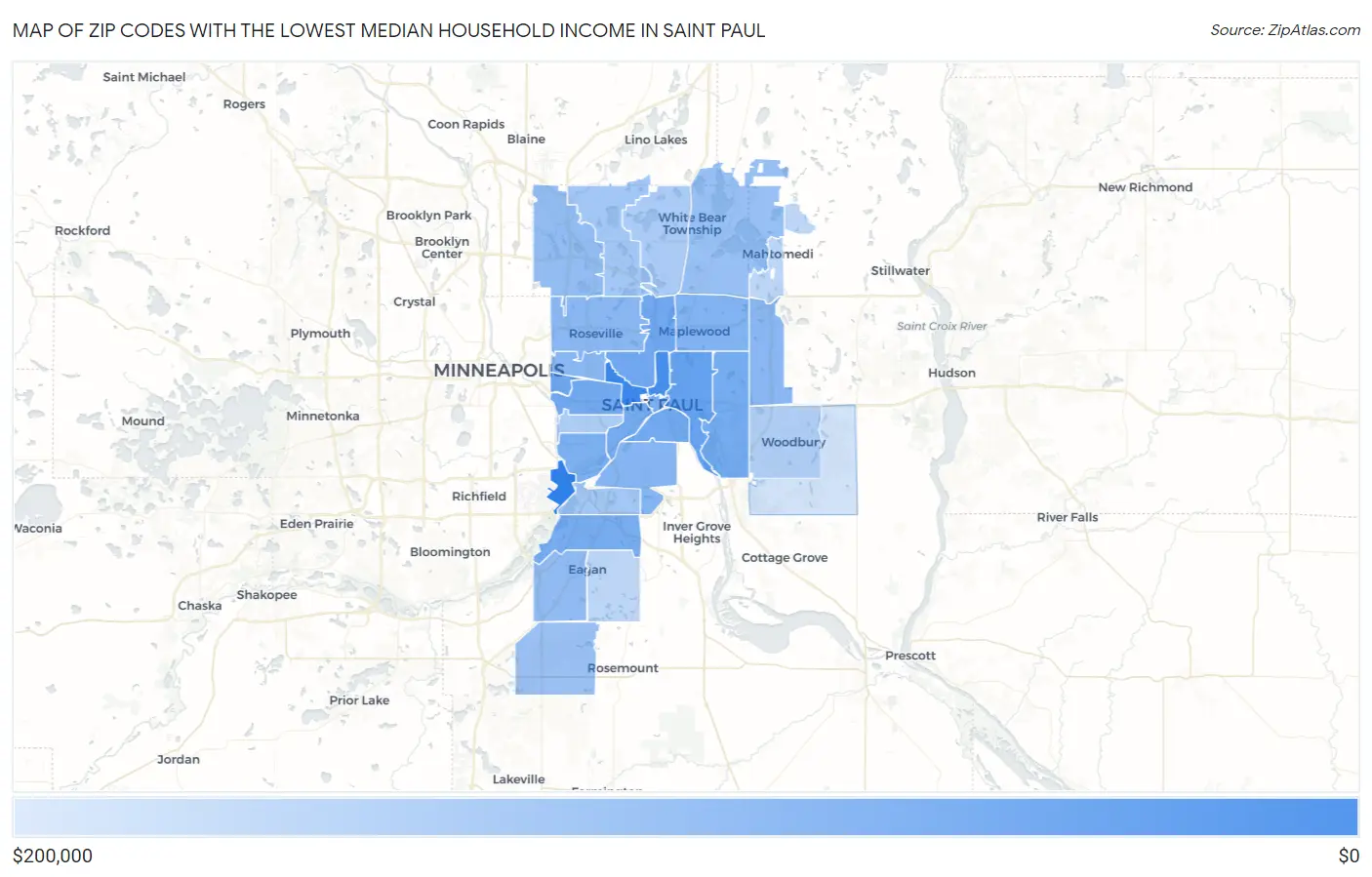 Zip Codes with the Lowest Median Household Income in Saint Paul Map