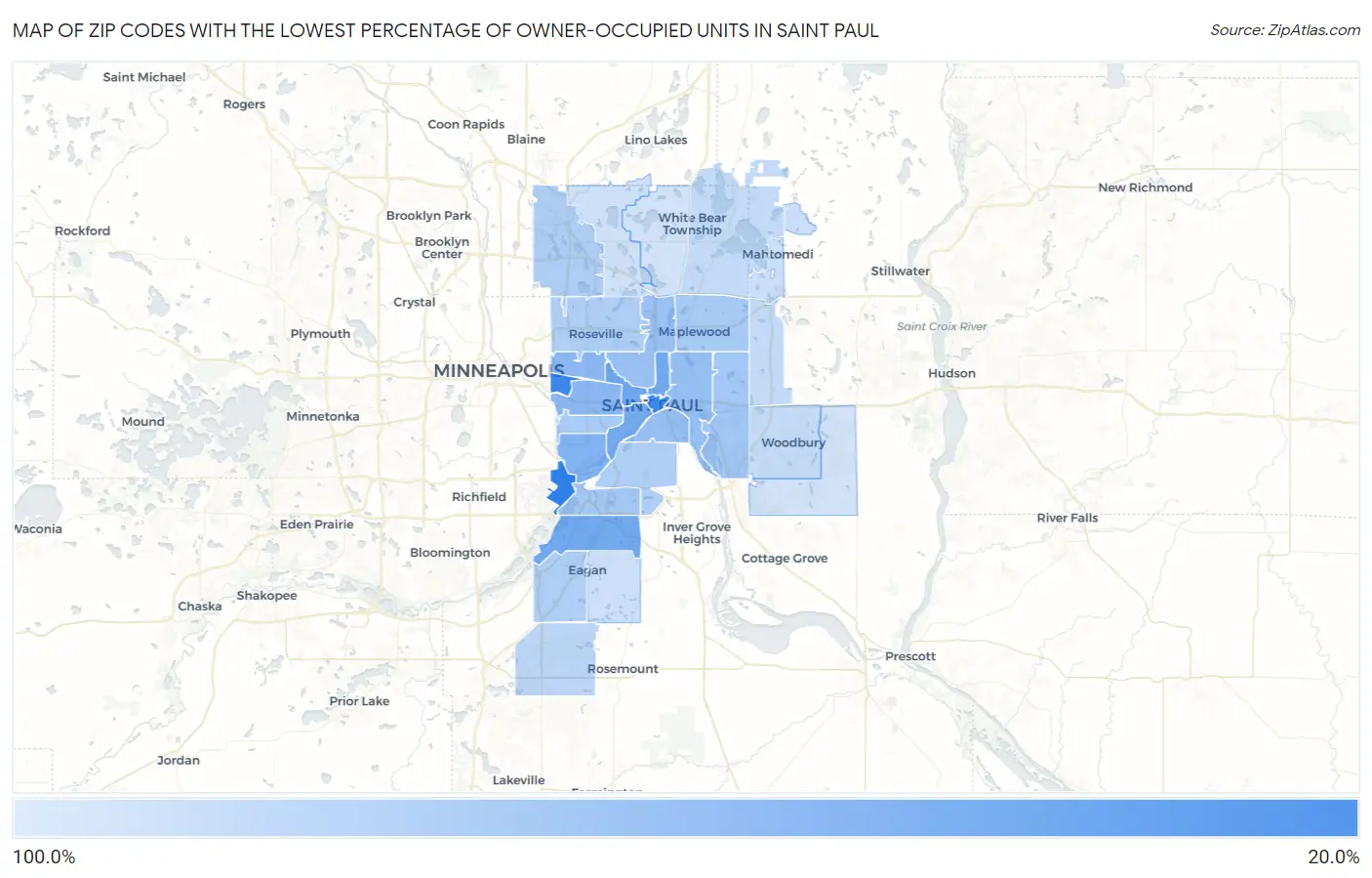 Zip Codes with the Lowest Percentage of Owner-Occupied Units in Saint Paul Map