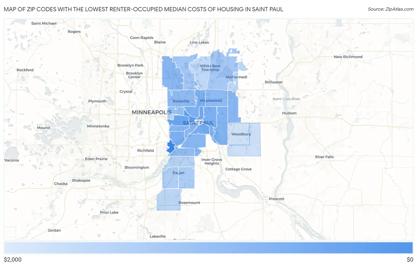 Zip Codes with the Lowest Renter-Occupied Median Costs of Housing in Saint Paul Map