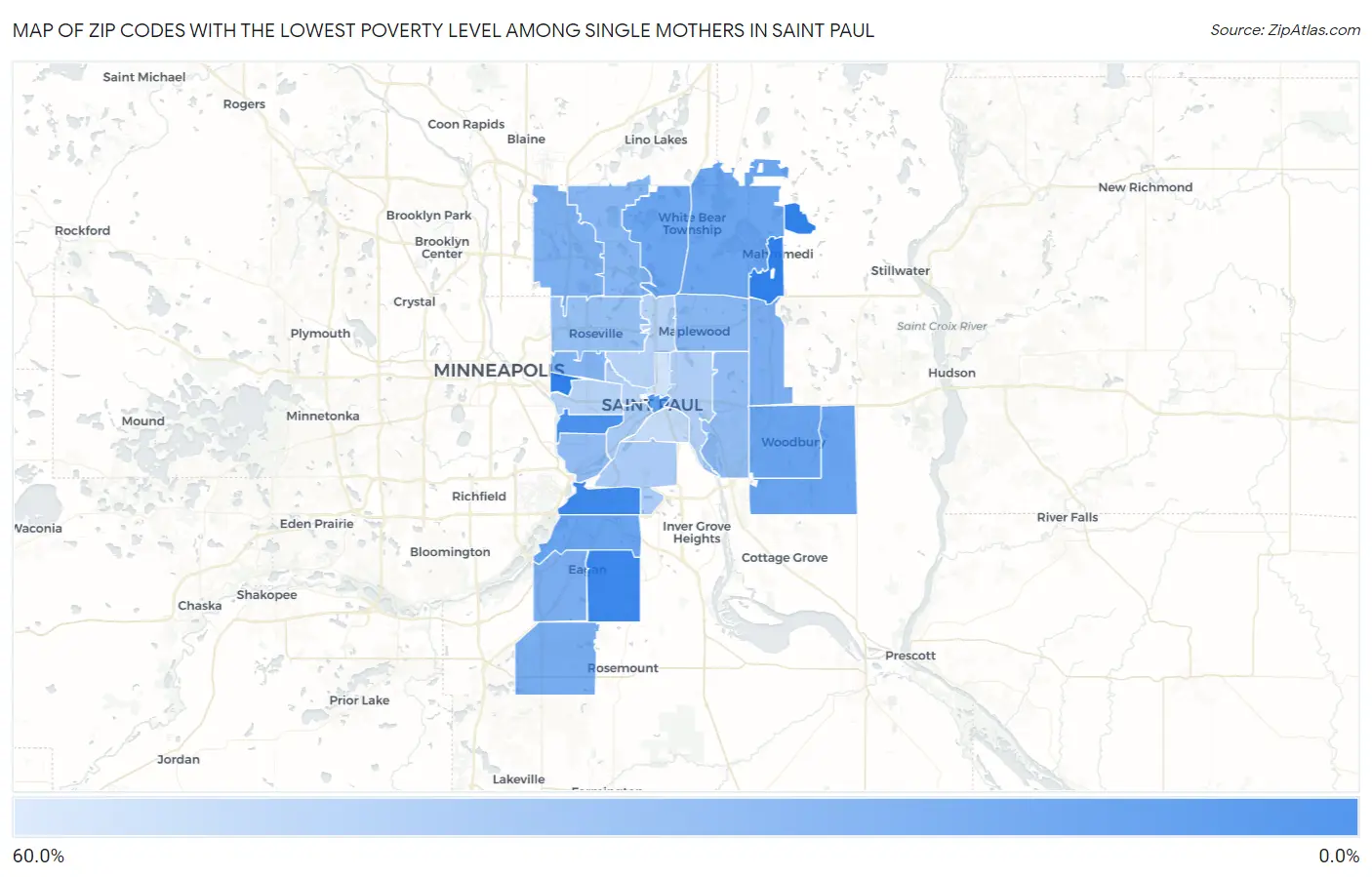 Zip Codes with the Lowest Poverty Level Among Single Mothers in Saint Paul Map