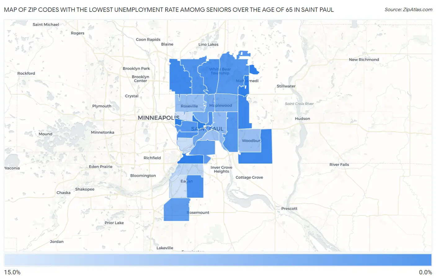 Zip Codes with the Lowest Unemployment Rate Amomg Seniors Over the Age of 65 in Saint Paul Map