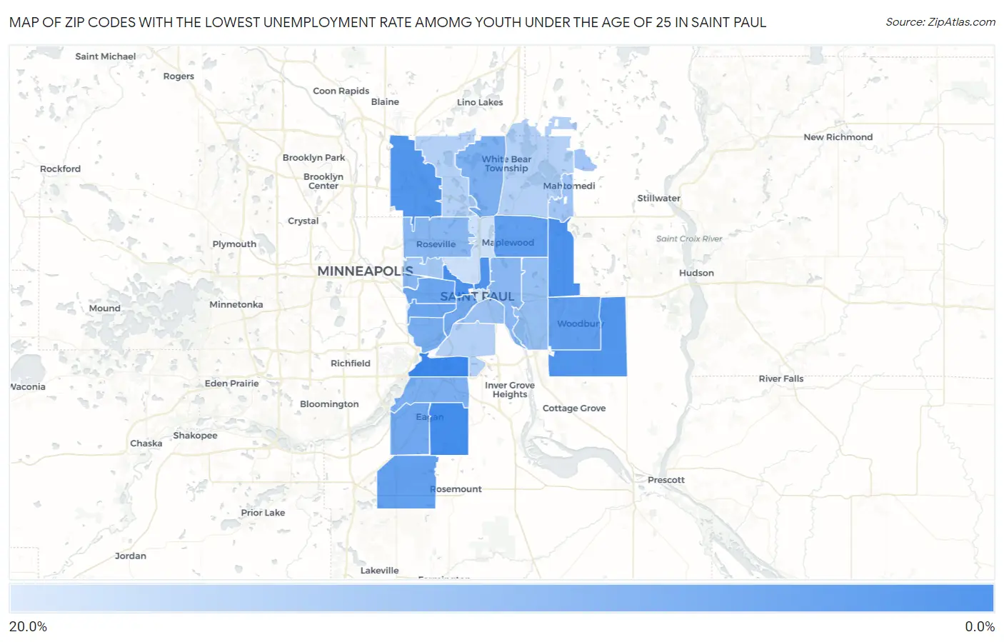 Zip Codes with the Lowest Unemployment Rate Amomg Youth Under the Age of 25 in Saint Paul Map
