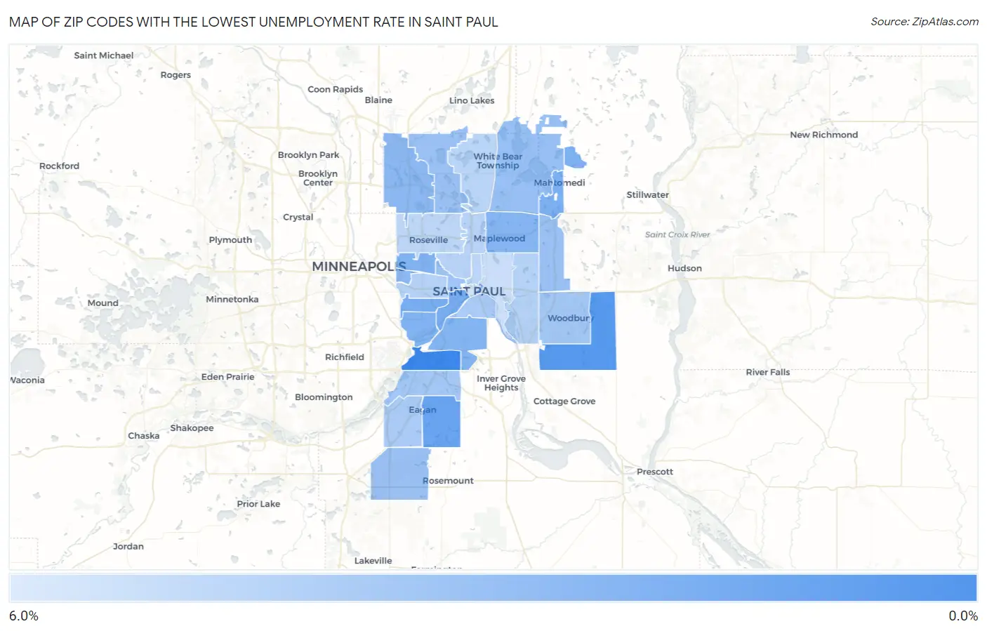 Zip Codes with the Lowest Unemployment Rate in Saint Paul Map