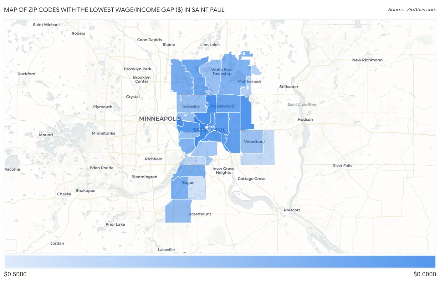 Zip Codes with the Lowest Wage/Income Gap ($) in Saint Paul Map