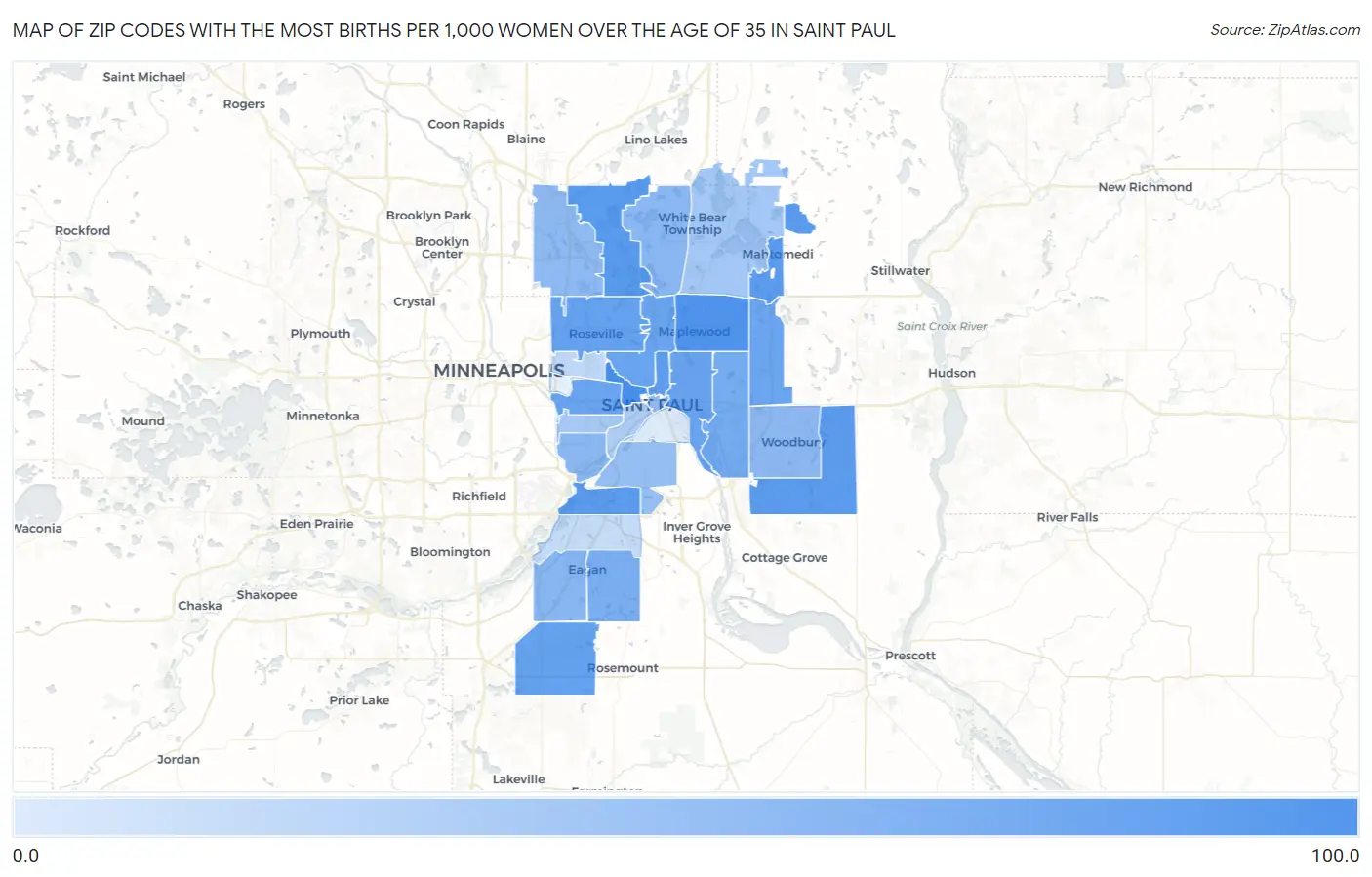 Zip Codes with the Most Births per 1,000 Women Over the Age of 35 in Saint Paul Map