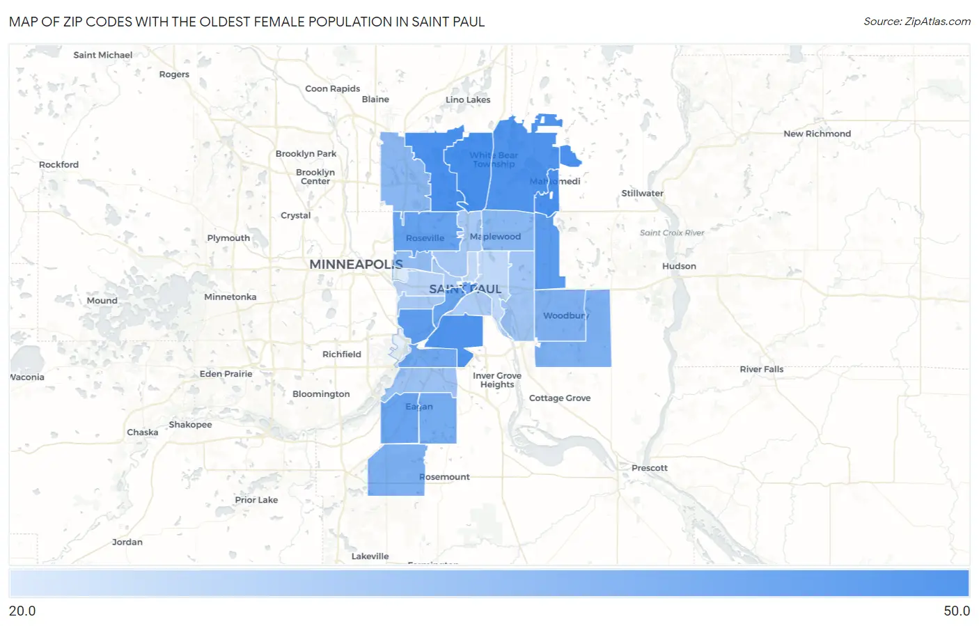 Zip Codes with the Oldest Female Population in Saint Paul Map