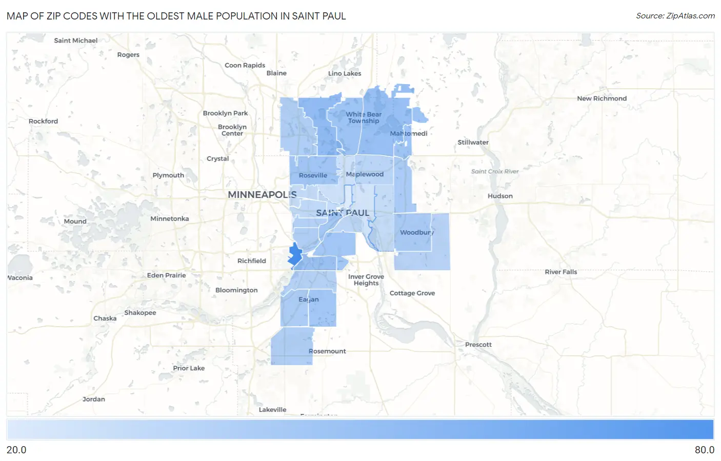 Zip Codes with the Oldest Male Population in Saint Paul Map