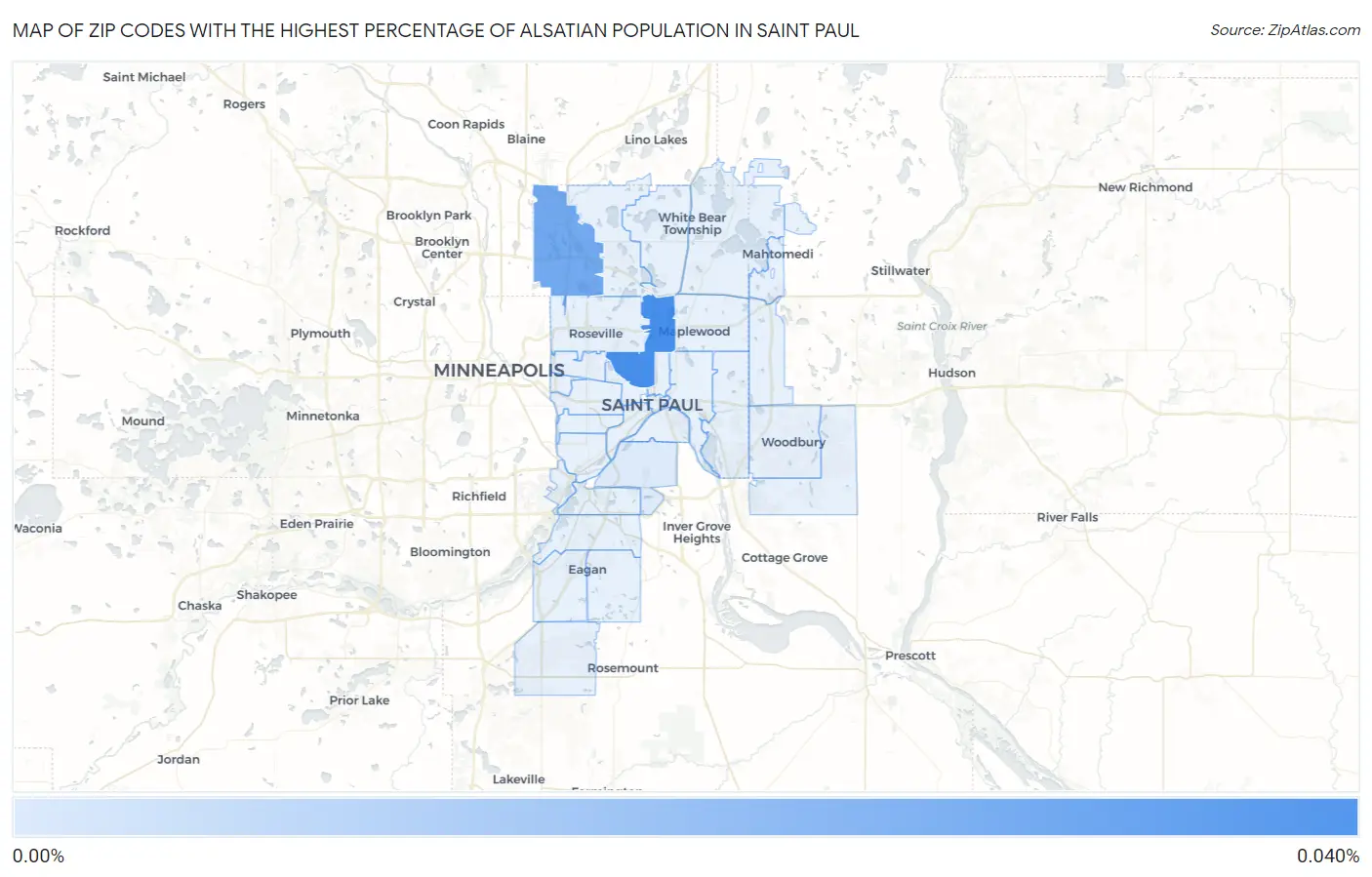 Zip Codes with the Highest Percentage of Alsatian Population in Saint Paul Map