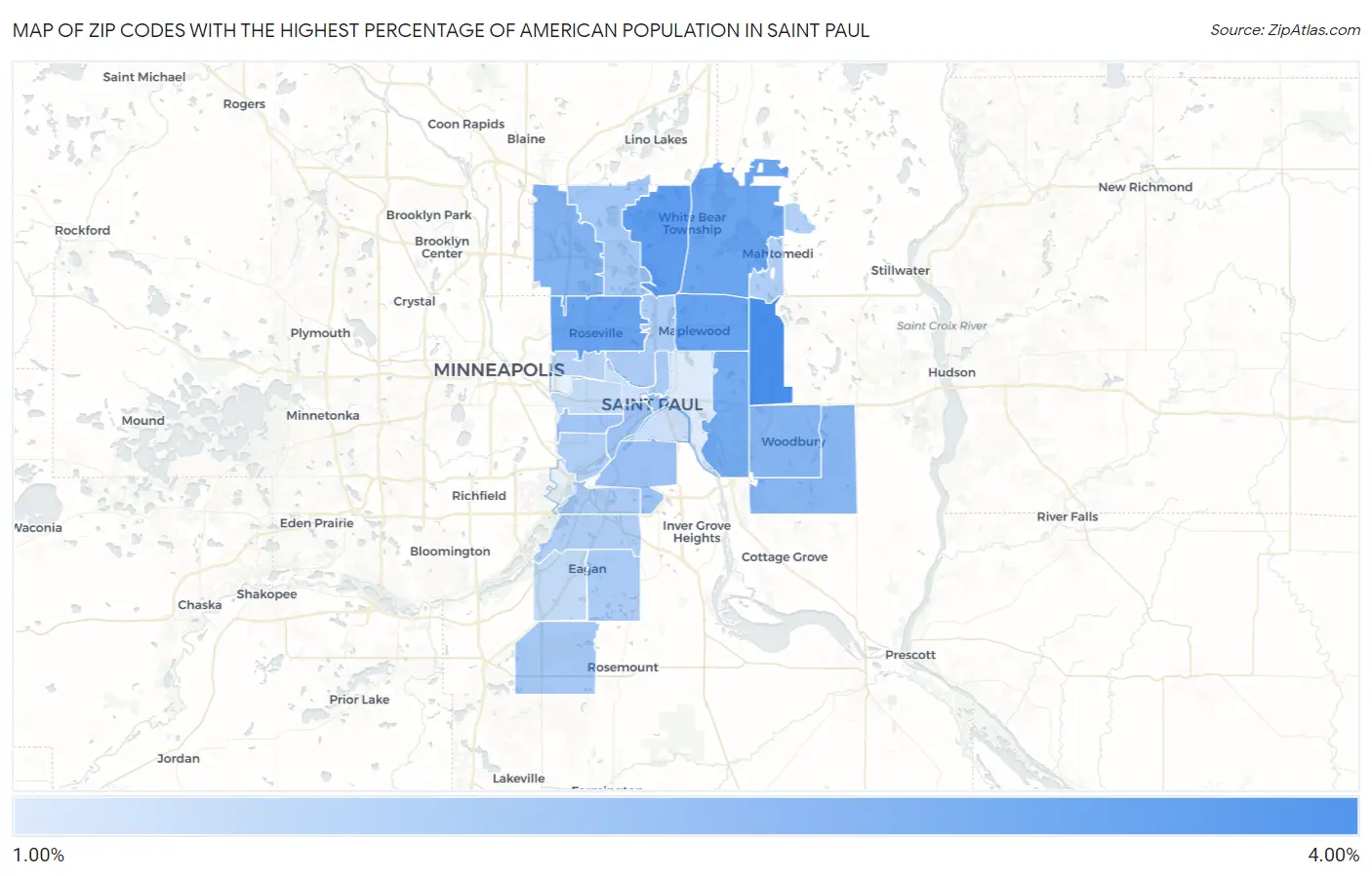Zip Codes with the Highest Percentage of American Population in Saint Paul Map