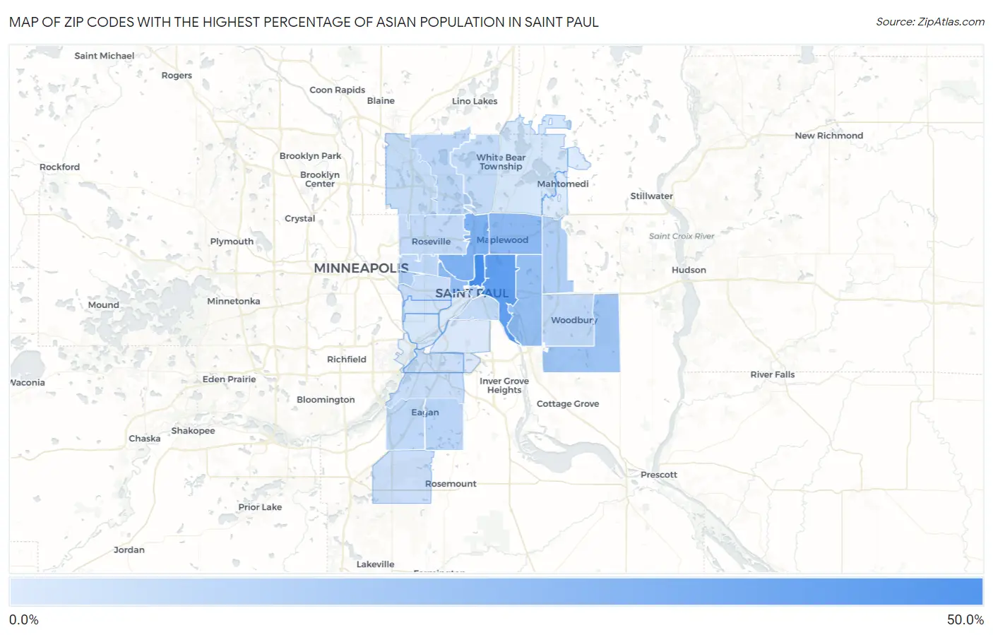 Zip Codes with the Highest Percentage of Asian Population in Saint Paul Map