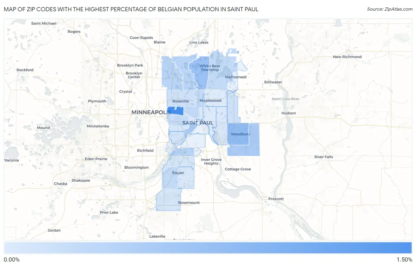 Zip Codes with the Highest Percentage of Belgian Population in Saint Paul Map