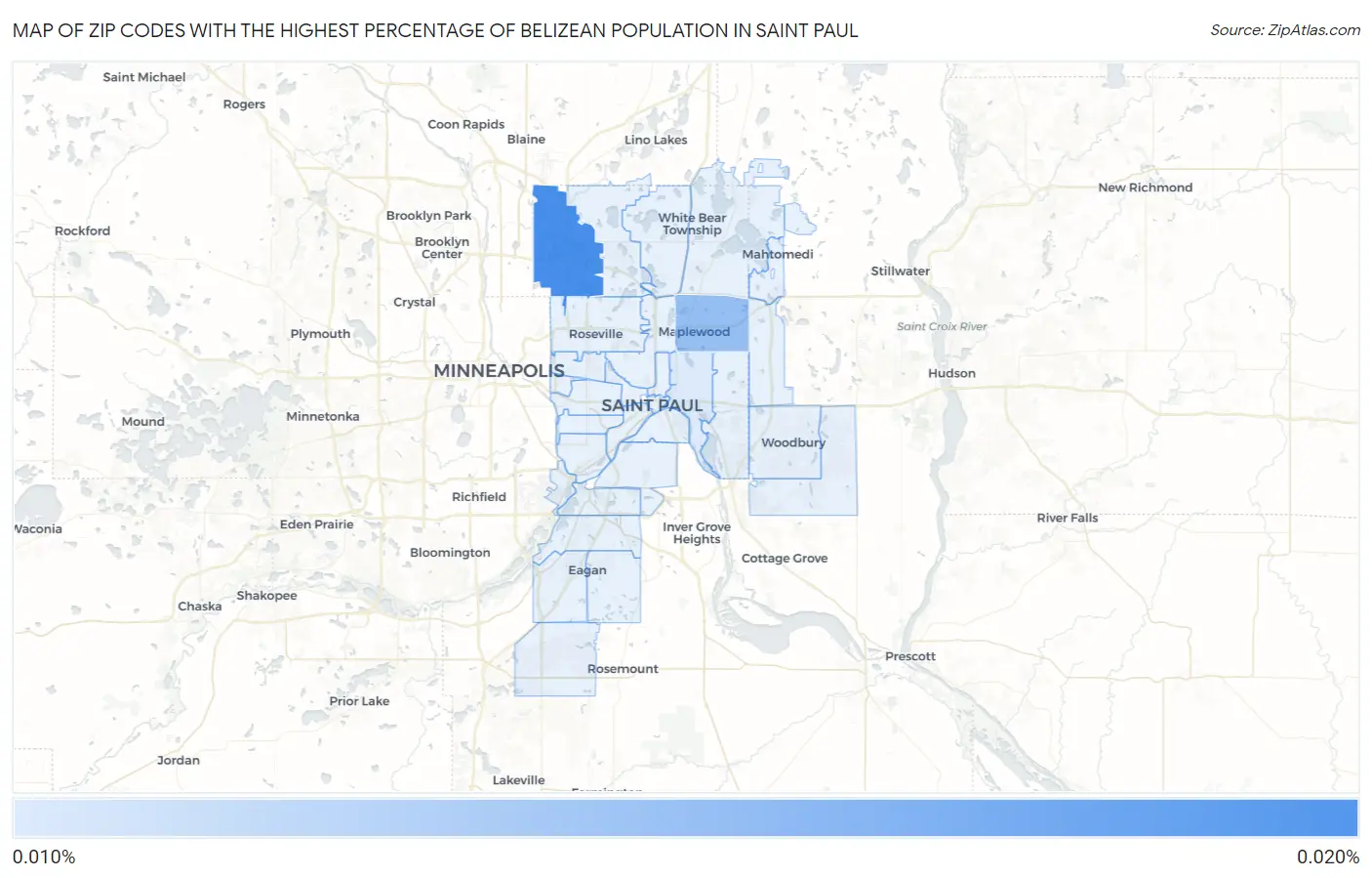 Zip Codes with the Highest Percentage of Belizean Population in Saint Paul Map