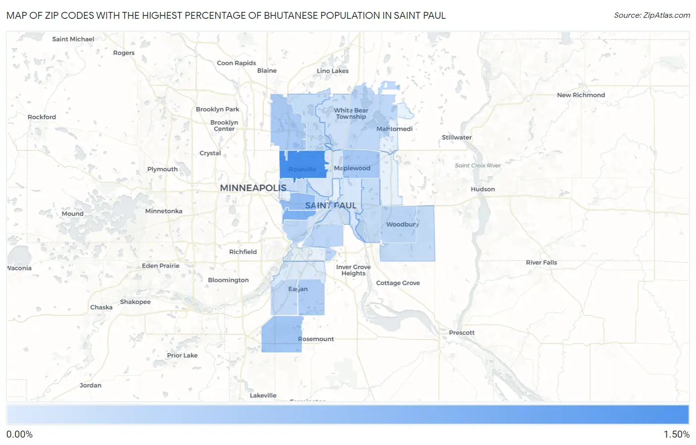 Zip Codes with the Highest Percentage of Bhutanese Population in Saint Paul Map