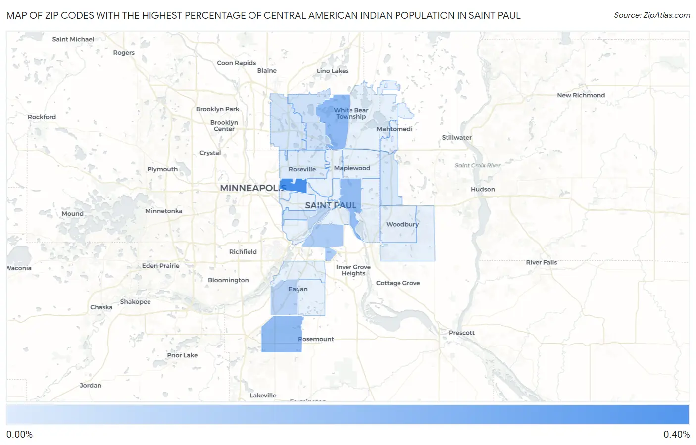 Zip Codes with the Highest Percentage of Central American Indian Population in Saint Paul Map