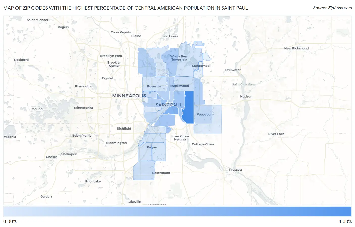Zip Codes with the Highest Percentage of Central American Population in Saint Paul Map