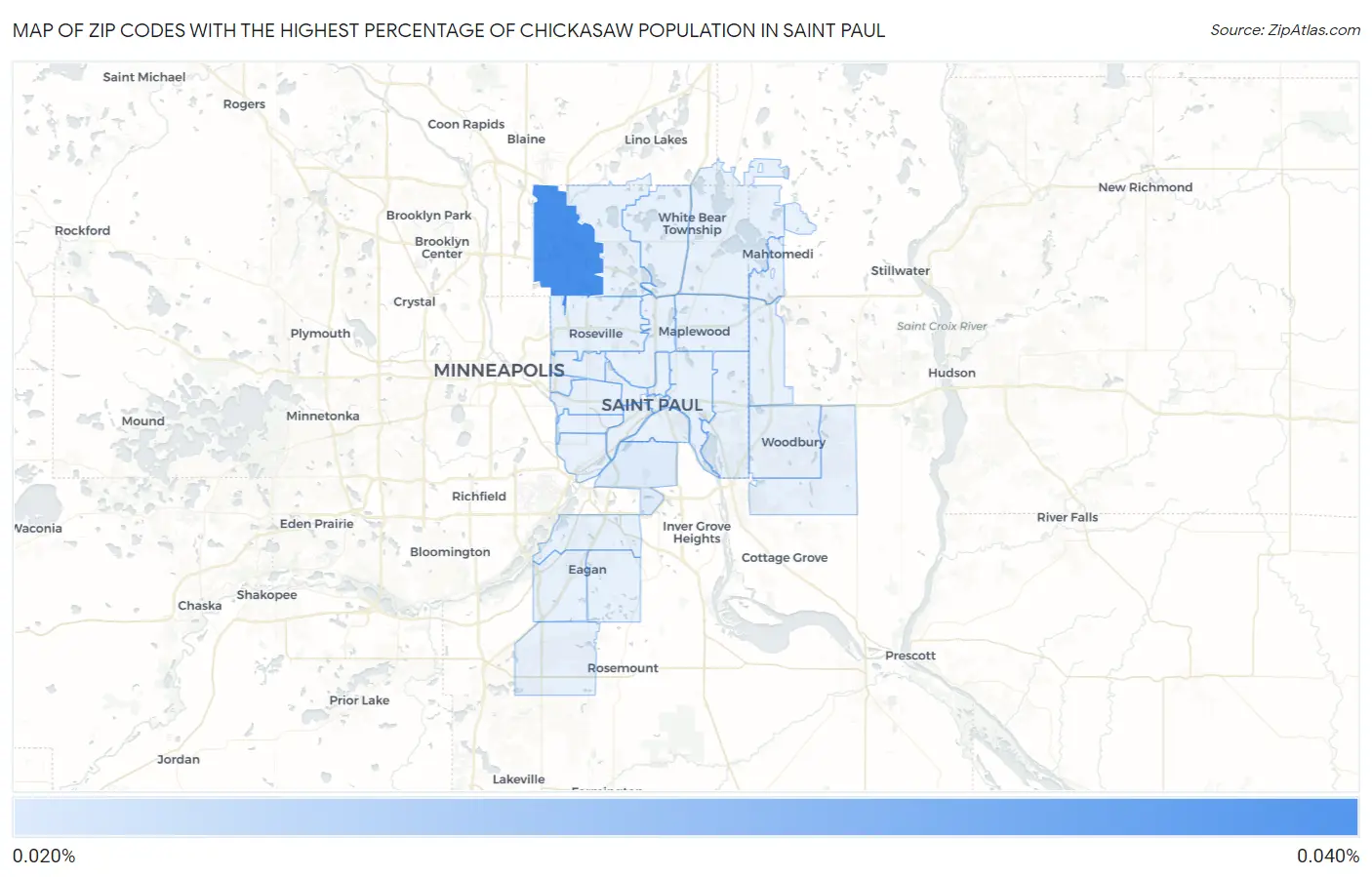 Zip Codes with the Highest Percentage of Chickasaw Population in Saint Paul Map