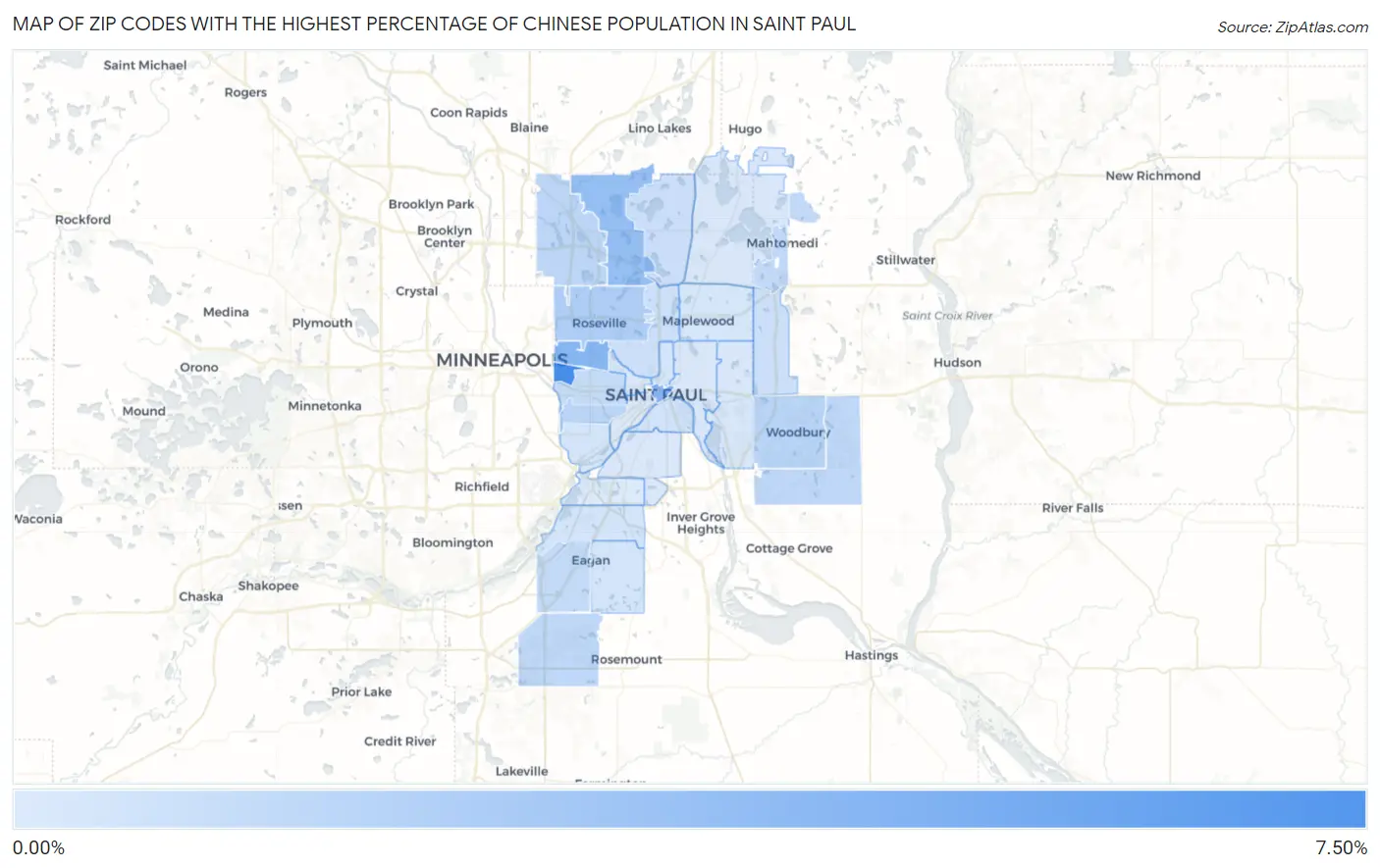 Zip Codes with the Highest Percentage of Chinese Population in Saint Paul Map