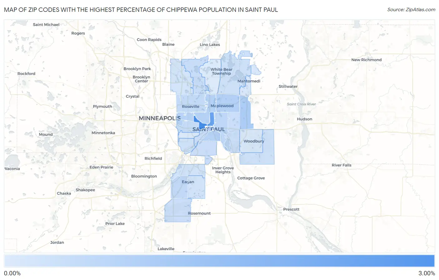 Zip Codes with the Highest Percentage of Chippewa Population in Saint Paul Map
