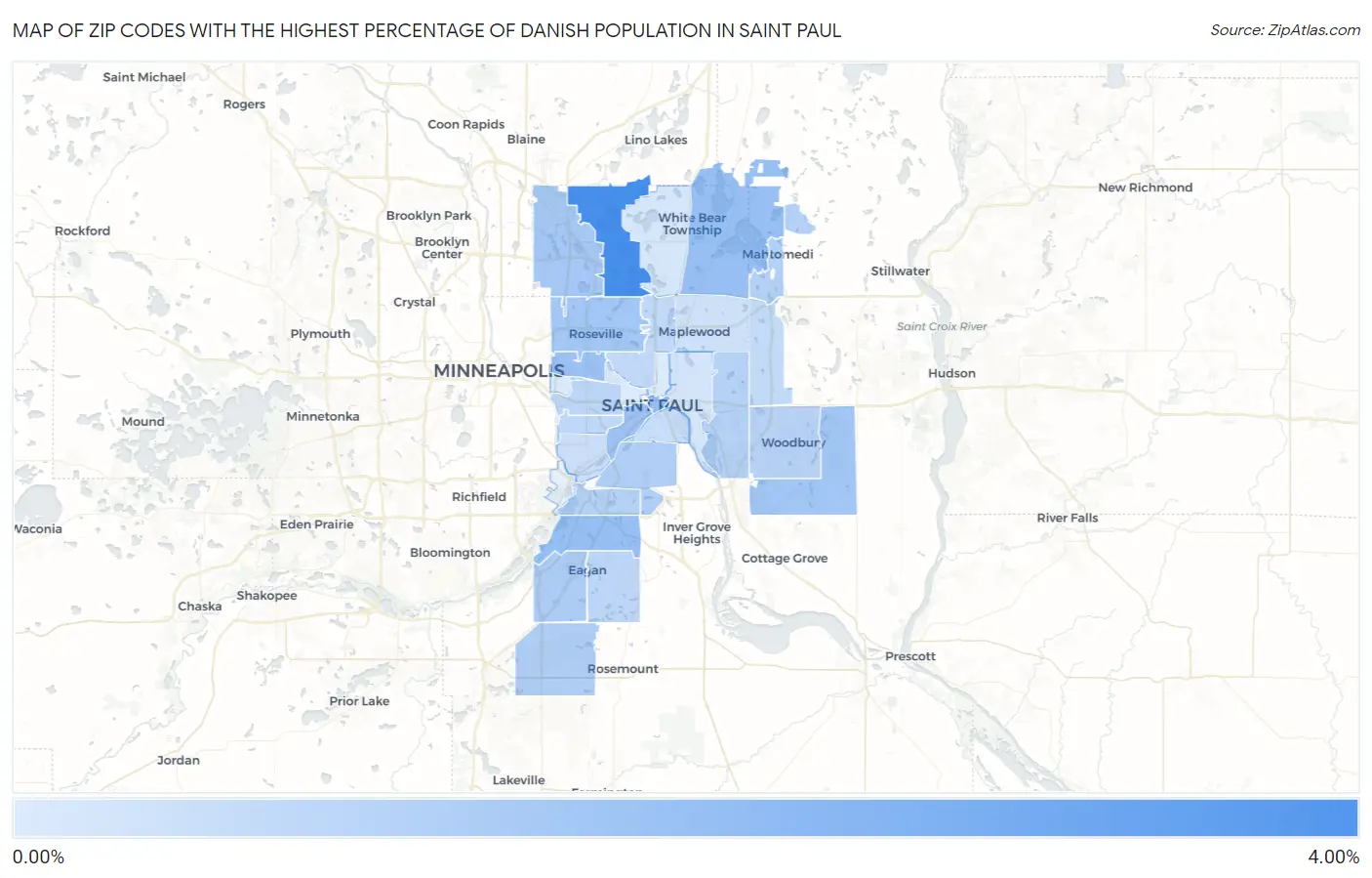 Zip Codes with the Highest Percentage of Danish Population in Saint Paul Map