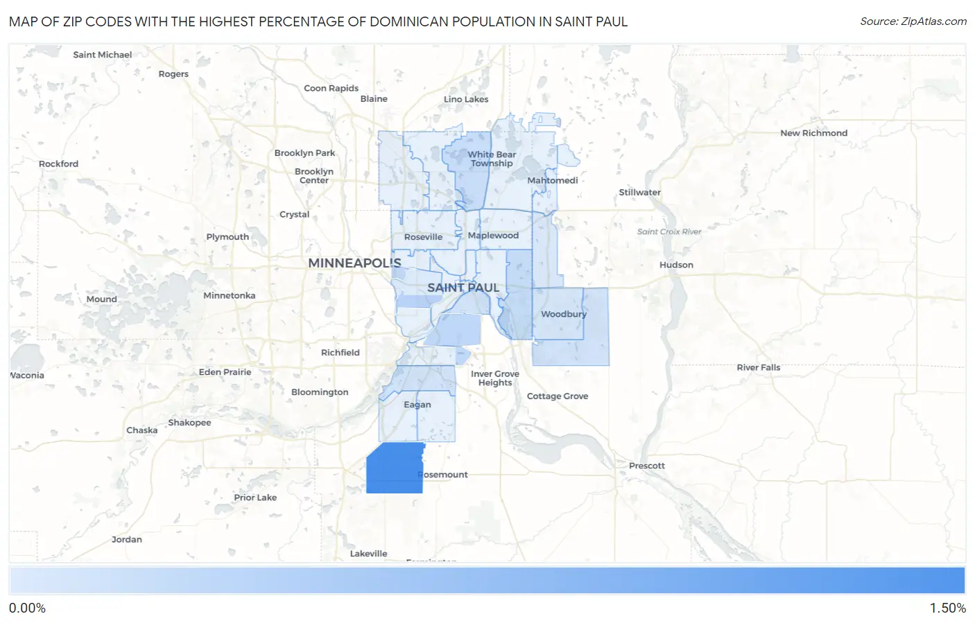 Zip Codes with the Highest Percentage of Dominican Population in Saint Paul Map