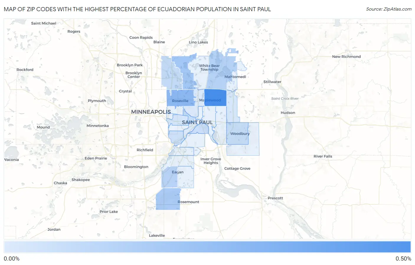 Zip Codes with the Highest Percentage of Ecuadorian Population in Saint Paul Map