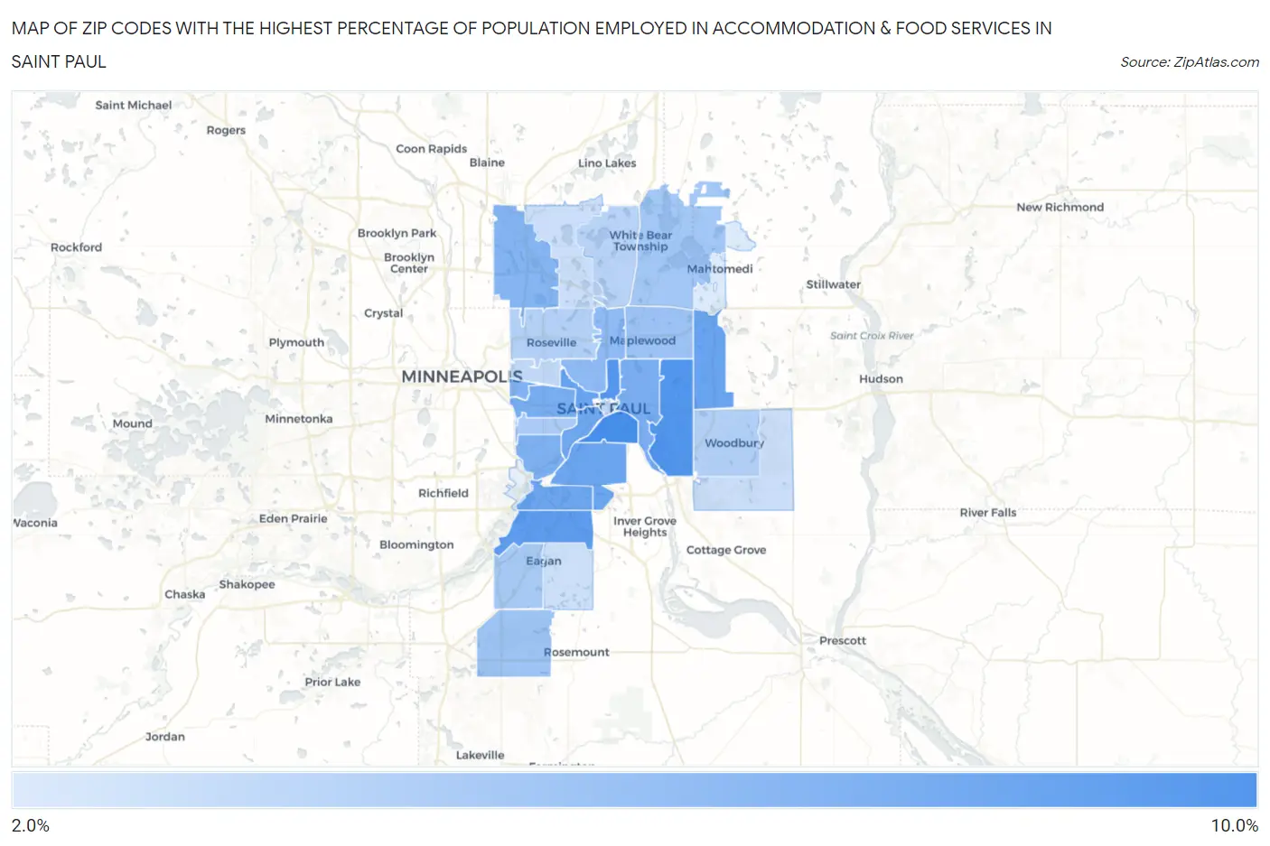 Zip Codes with the Highest Percentage of Population Employed in Accommodation & Food Services in Saint Paul Map