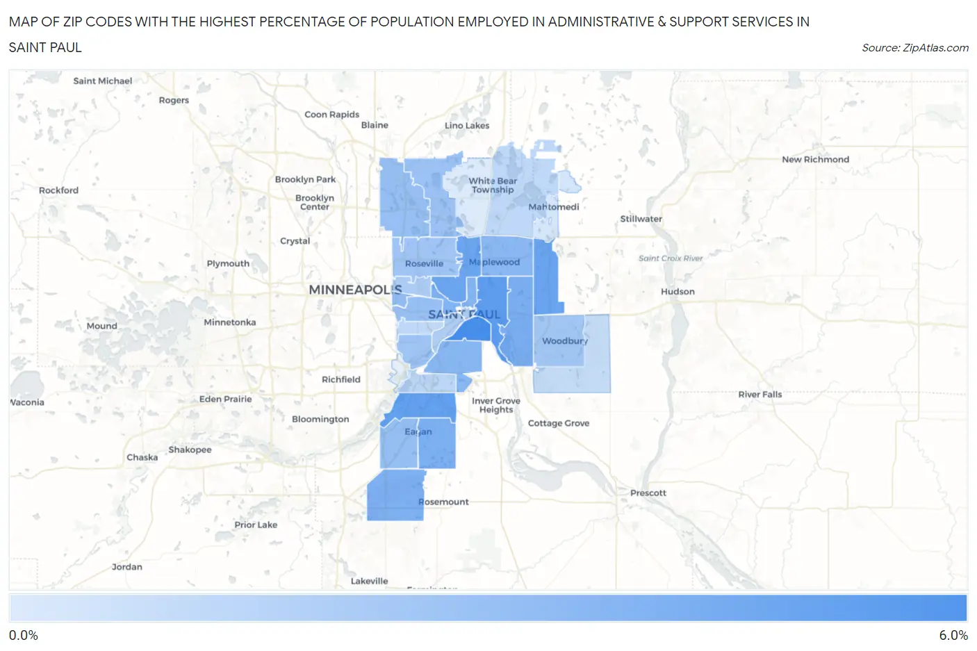 Zip Codes with the Highest Percentage of Population Employed in Administrative & Support Services in Saint Paul Map