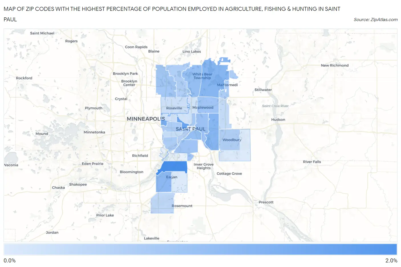 Zip Codes with the Highest Percentage of Population Employed in Agriculture, Fishing & Hunting in Saint Paul Map