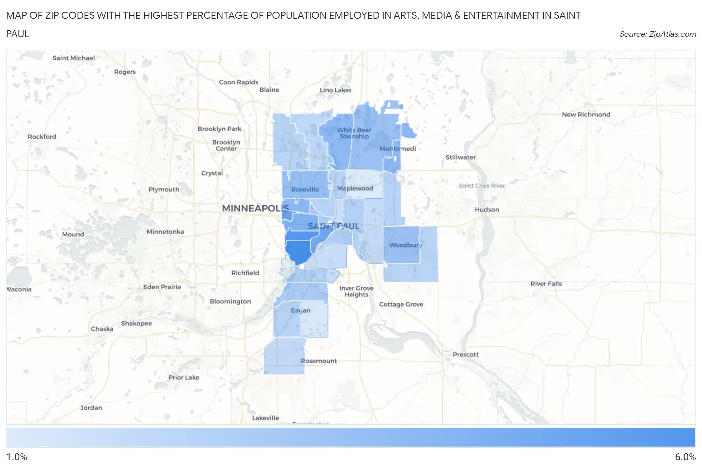 Zip Codes with the Highest Percentage of Population Employed in Arts, Media & Entertainment in Saint Paul Map