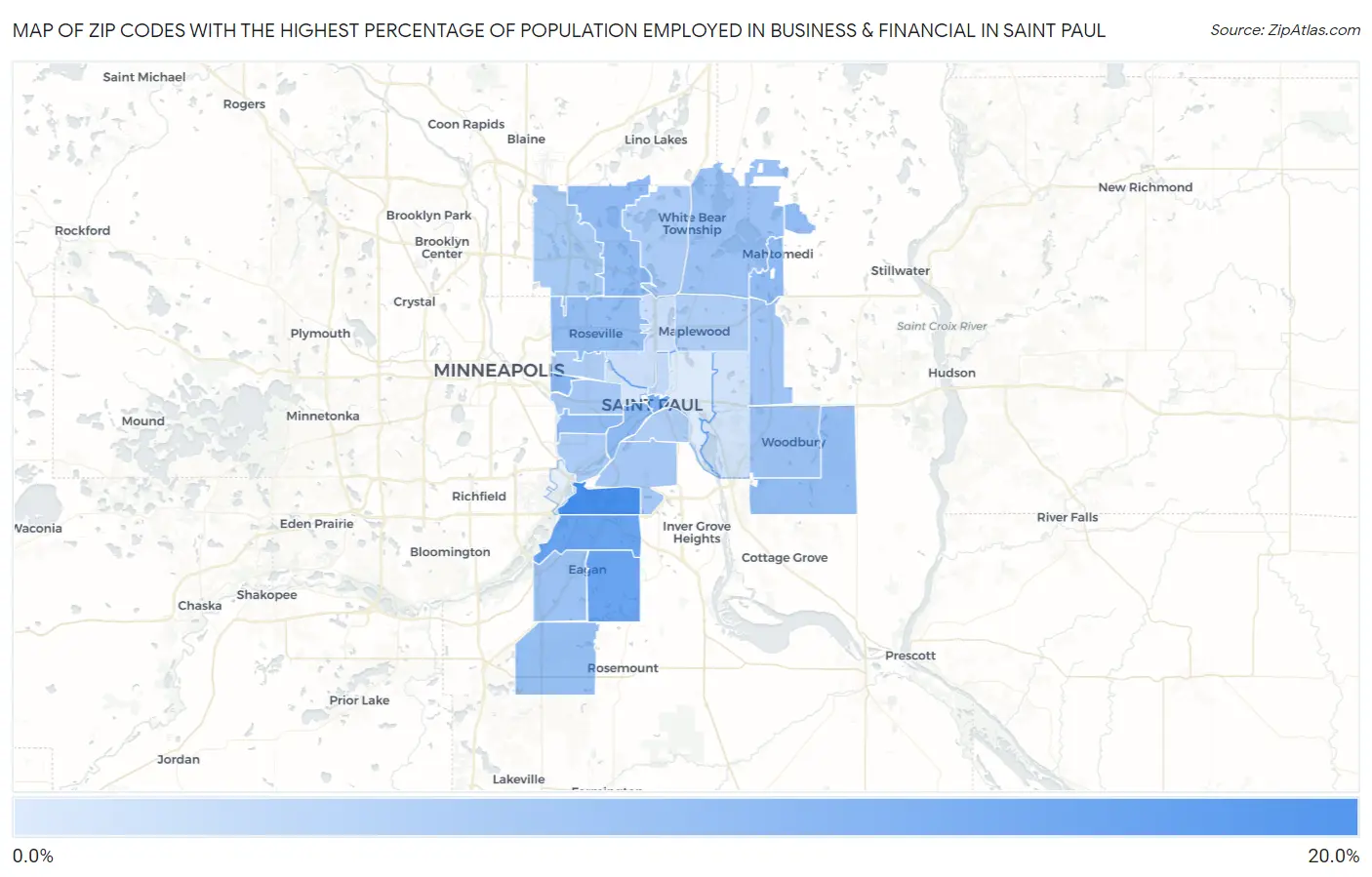Zip Codes with the Highest Percentage of Population Employed in Business & Financial in Saint Paul Map