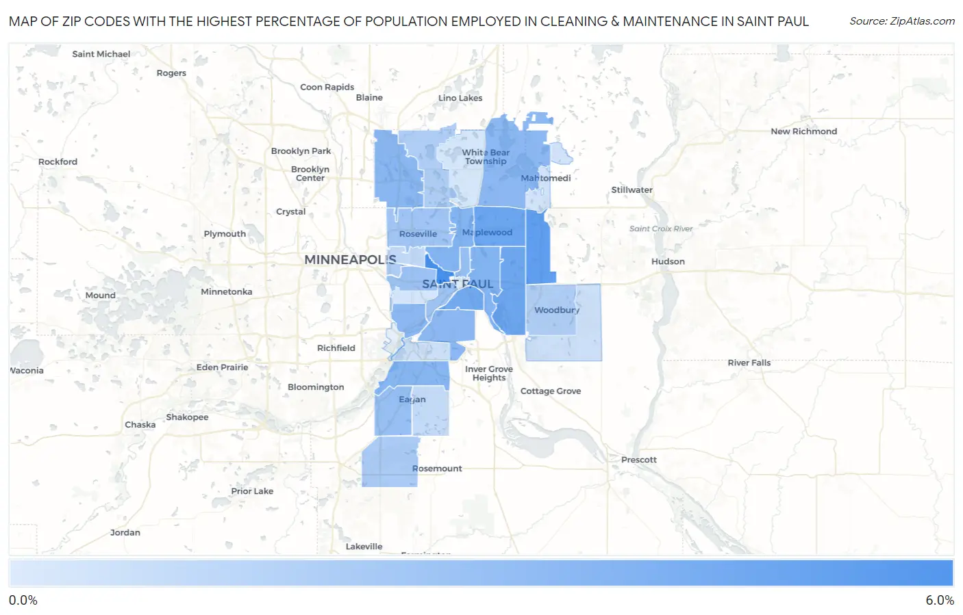 Zip Codes with the Highest Percentage of Population Employed in Cleaning & Maintenance in Saint Paul Map