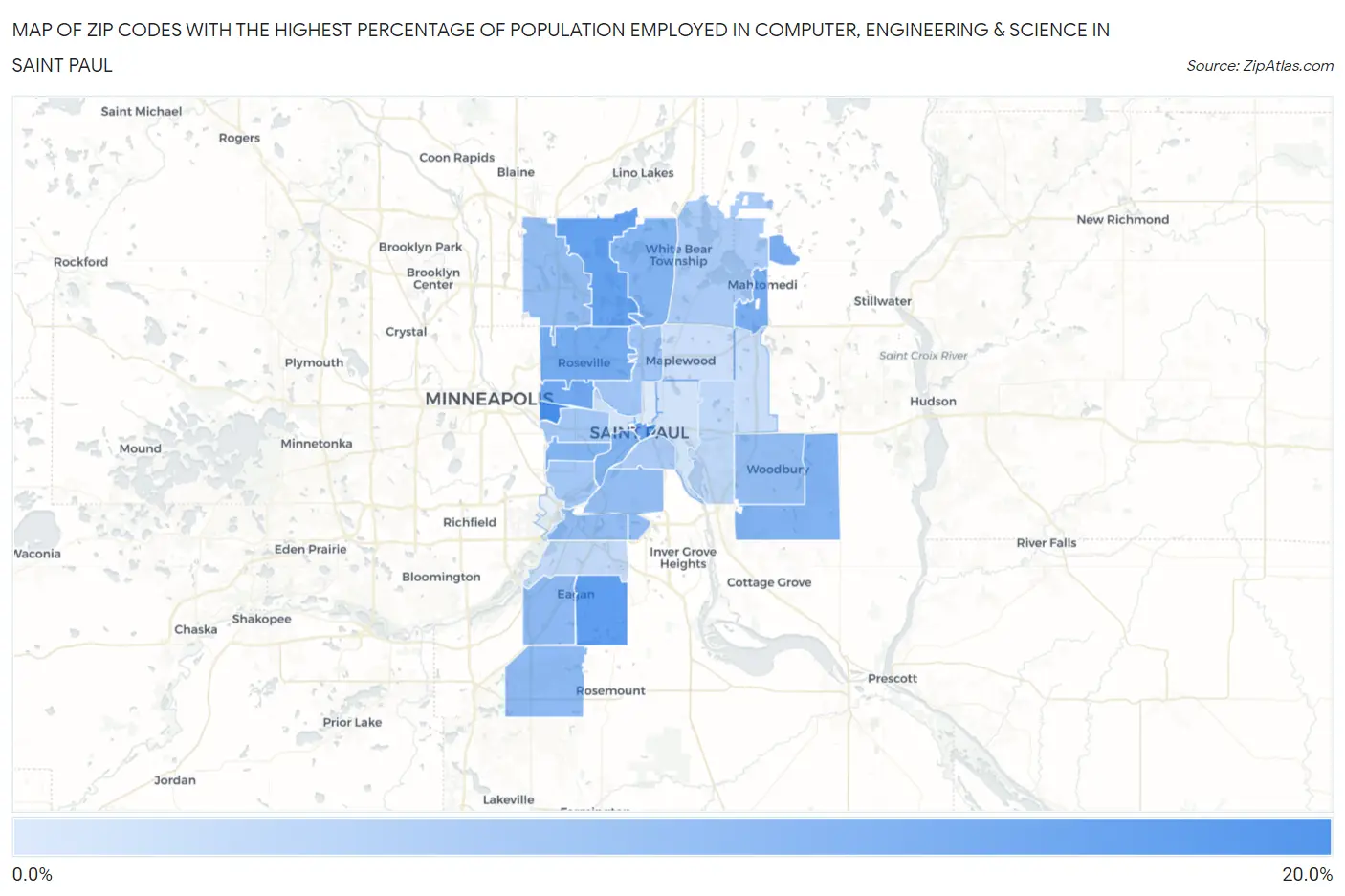 Zip Codes with the Highest Percentage of Population Employed in Computer, Engineering & Science in Saint Paul Map