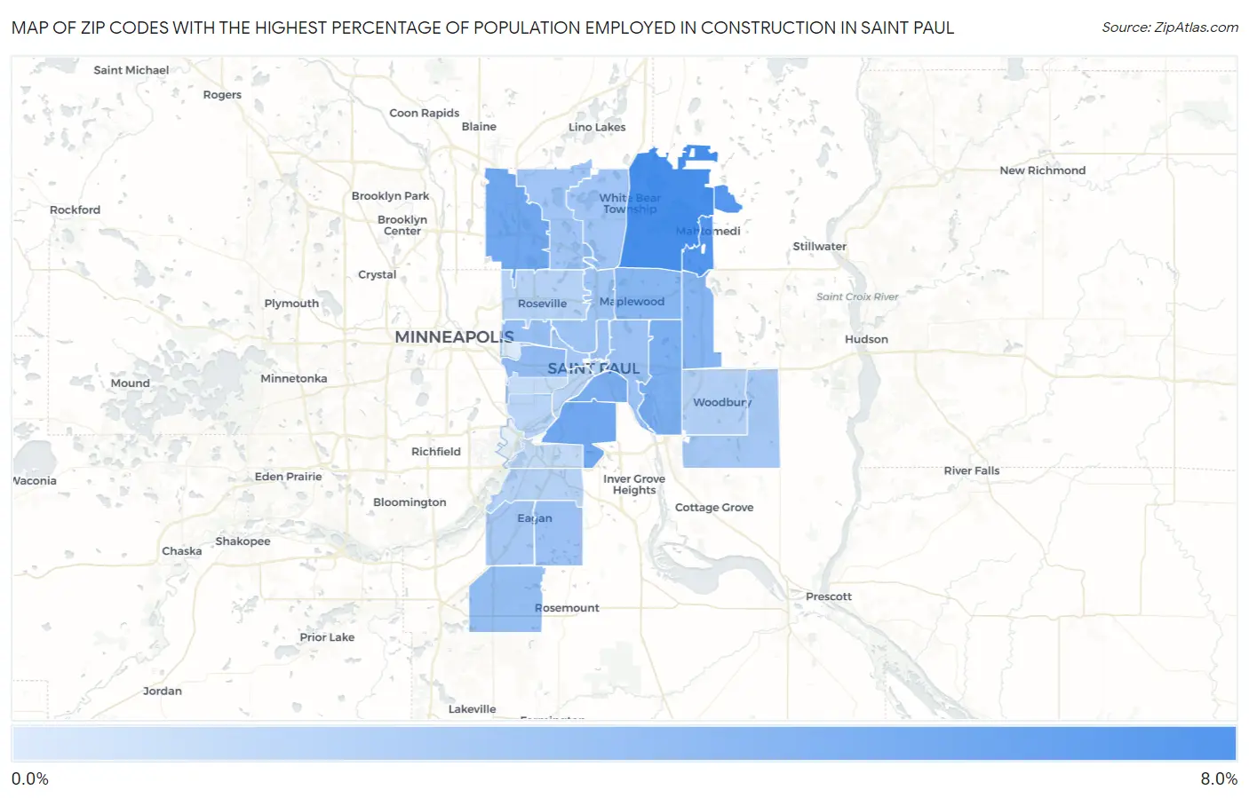 Zip Codes with the Highest Percentage of Population Employed in Construction in Saint Paul Map