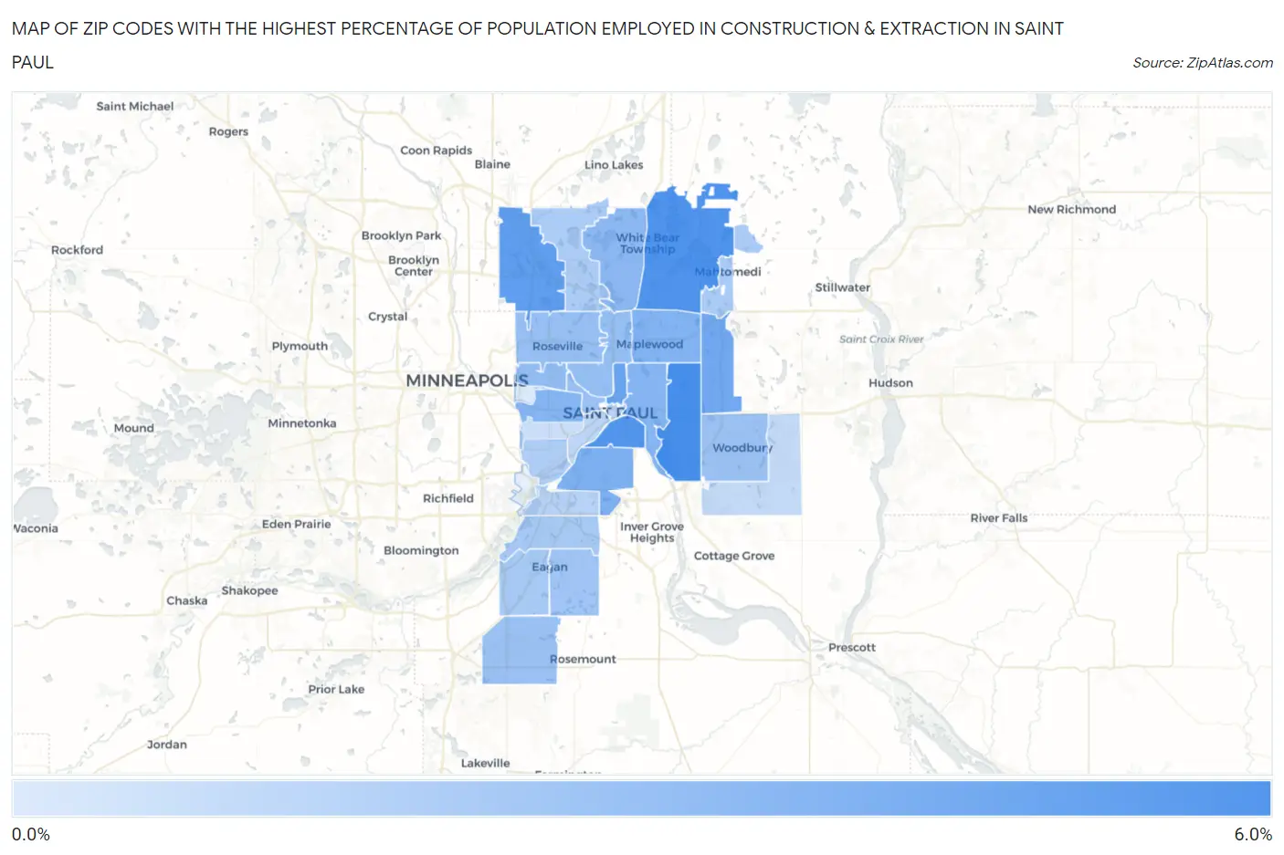 Zip Codes with the Highest Percentage of Population Employed in Construction & Extraction in Saint Paul Map