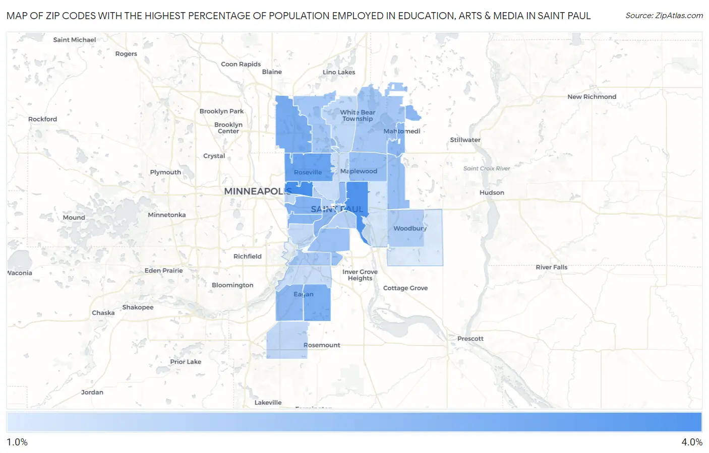 Zip Codes with the Highest Percentage of Population Employed in Education, Arts & Media in Saint Paul Map