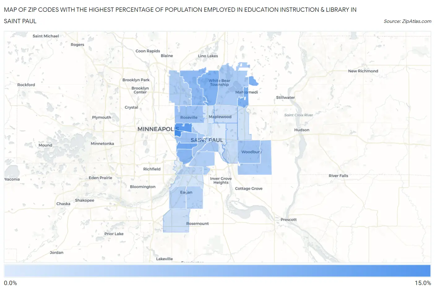 Zip Codes with the Highest Percentage of Population Employed in Education Instruction & Library in Saint Paul Map