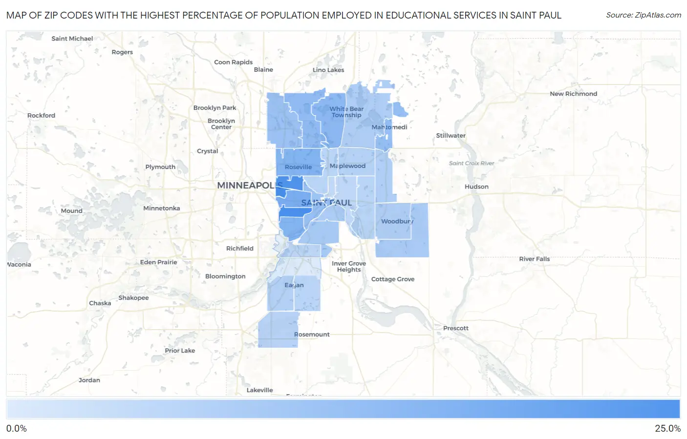 Zip Codes with the Highest Percentage of Population Employed in Educational Services in Saint Paul Map