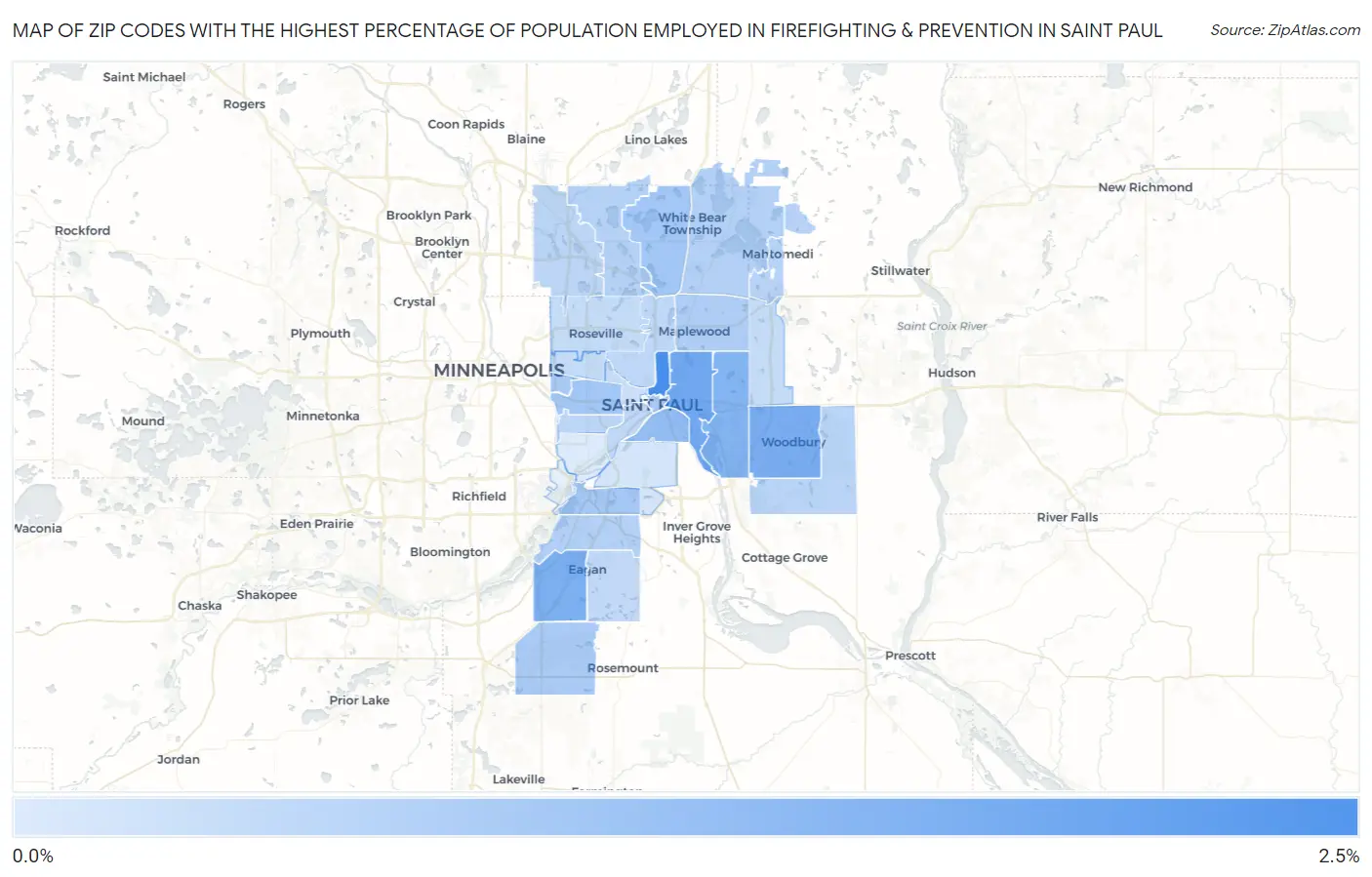 Zip Codes with the Highest Percentage of Population Employed in Firefighting & Prevention in Saint Paul Map