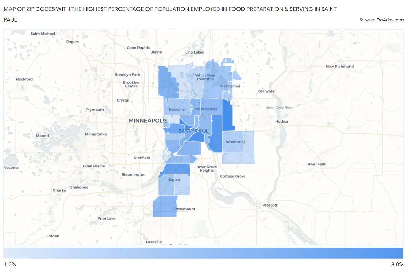 Zip Codes with the Highest Percentage of Population Employed in Food Preparation & Serving in Saint Paul Map