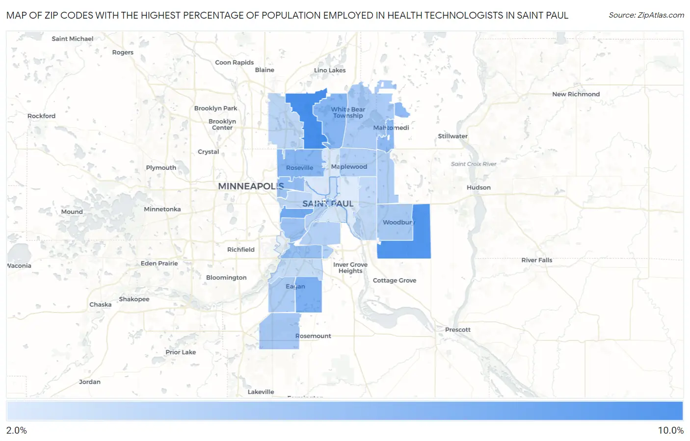 Zip Codes with the Highest Percentage of Population Employed in Health Technologists in Saint Paul Map