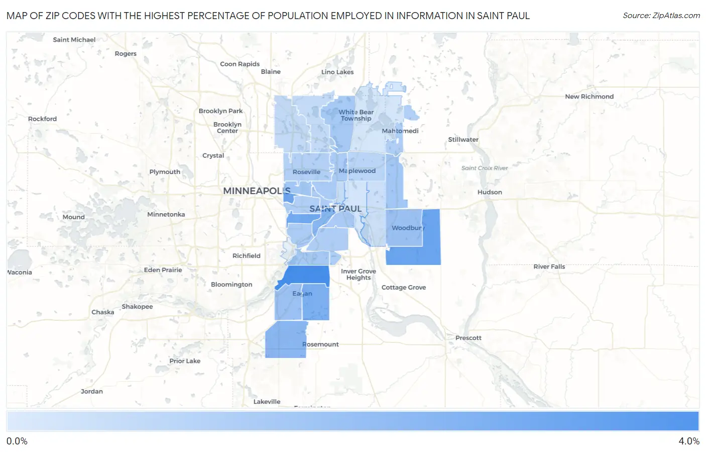 Zip Codes with the Highest Percentage of Population Employed in Information in Saint Paul Map