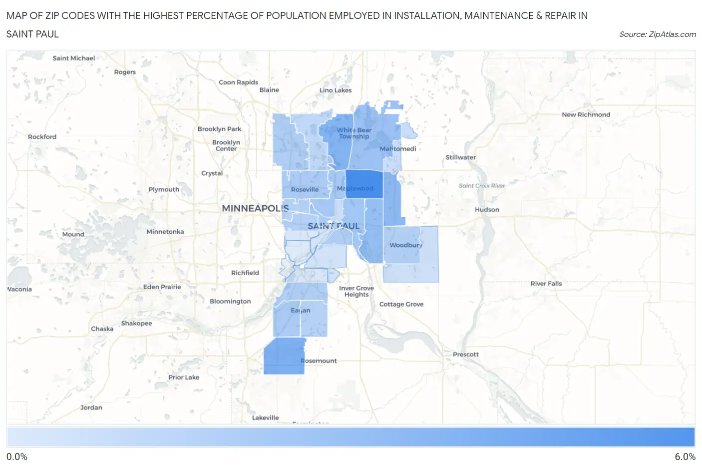 Zip Codes with the Highest Percentage of Population Employed in Installation, Maintenance & Repair in Saint Paul Map