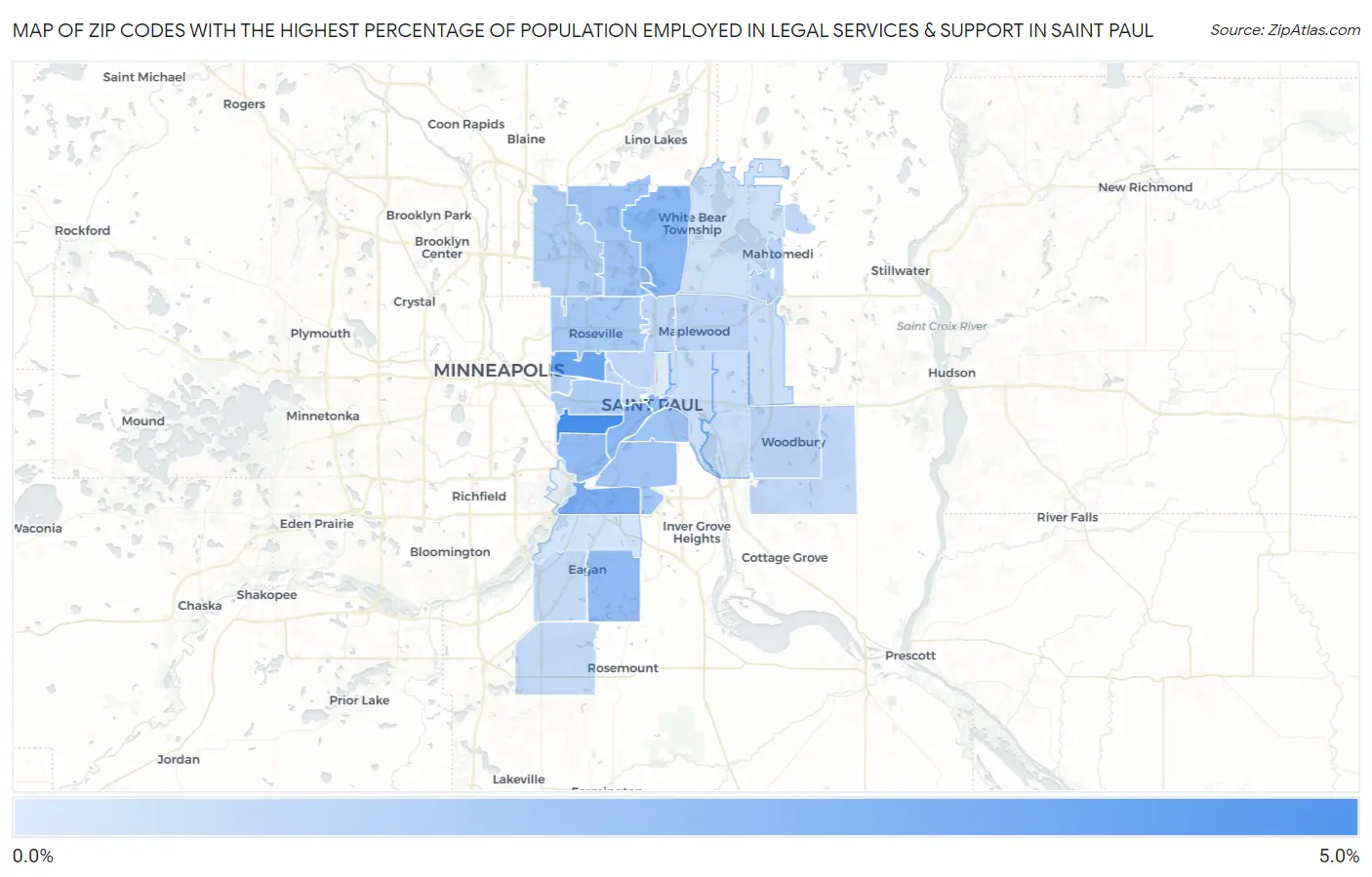 Zip Codes with the Highest Percentage of Population Employed in Legal Services & Support in Saint Paul Map