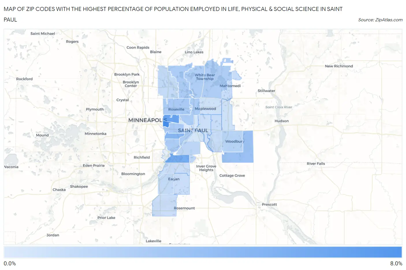 Zip Codes with the Highest Percentage of Population Employed in Life, Physical & Social Science in Saint Paul Map